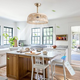 hualuosi Boho Ceiling Fans with Lights 18.9in Rattan Caged Ceiling Fan with Lighting Fabric Fandelier Remote Control 6 Speeds for Bedroom Kitchen Dining Room Nursery Living Room, E26 Base