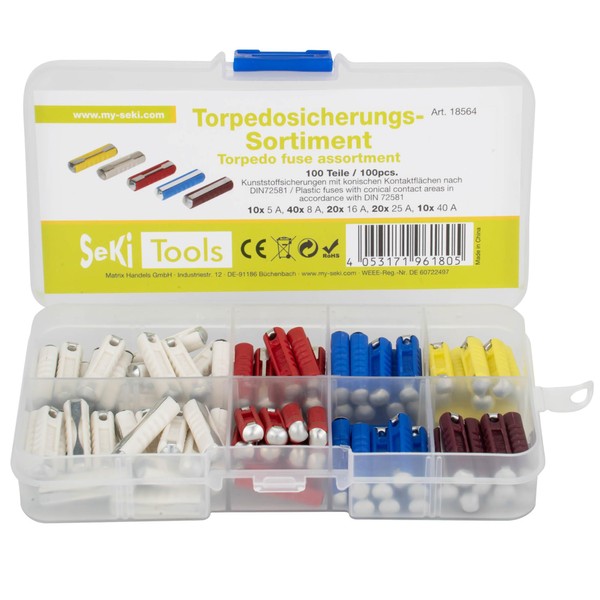 SeKi 100 Piece Torpedo Fuse Assortment; 10x5A, 40x8A, 20x16A, 20x25A,