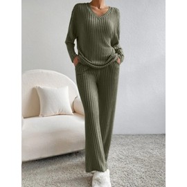 JENJON Women Suit 2 Pieces Tracksuit Long Sleeve V Neck Jersey Comfortable Straight Pants Casual Suit Fall Winter