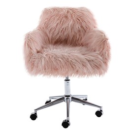 Goujxcy Fluffy Desk Chair, Faux Fur Height Adjustable Swivel Vanity Accent Chair, Modern Home Office Desk Chair