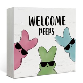 Lacama Easter Decor Welcome Peeps Wood Box Sign Desk Decor, Funny Bunny Decor, Easter Gifts for Family Friend, Wooden Block Box Sign Decoration For Home Office Shelf Table Decor 5 x 5 Inch