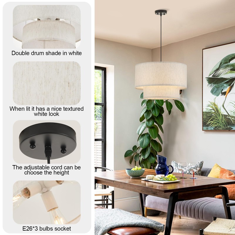 VILUXY Drum Fabric Pendant Light Farmhouse White Chandelier Double Drum