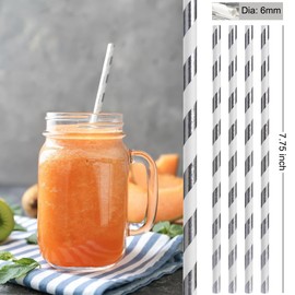 ALINK 100 Silver and White Striped Paper Straws, Biodegradable Disposable Drinking Straws for Christmas, Brithday, New Year, Party Decoration Supplies