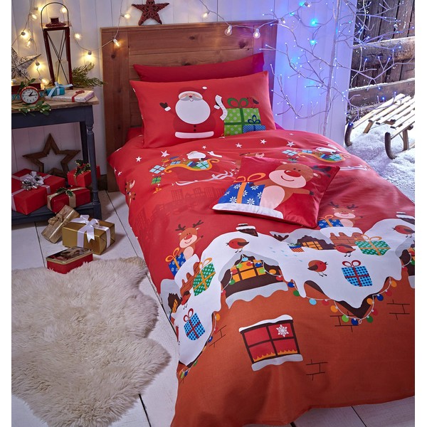 Catherine Lansfield Santa's Christmas Presents Reversible Single Duvet Cover Set with Pillowcase Red