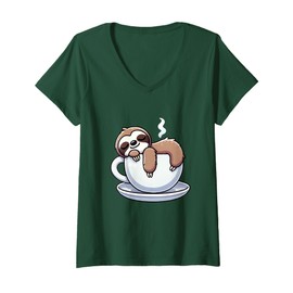 Womens Funny Sloth Coffee Design – Cute Lazy Animal Gift Idea V-Neck T-Shirt