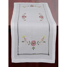 Creative Linens Hemstitch Embroidered Daisy Flower Table Runner 15x34 Dresser Scarf White Rectangular