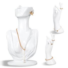 FYSUIMU 3Pcs Resin Jewelry Mannequin Display Set White Necklace Earring Bust Stand Hand Ring Bracelet Holder for Show Shop Home Decoration
