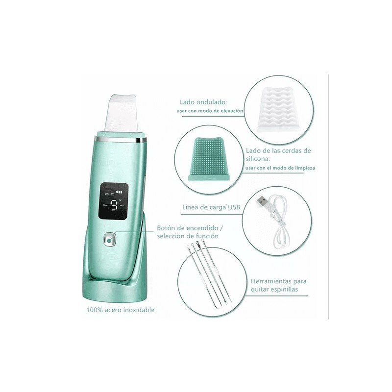 Limpiador Facial Skin Scrubber Peeling Ultrasónico Portátil Verde