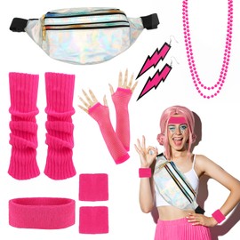 80s Women's Pink Set, Belt Bag, Earring, Necklace, Mesh Gloves, 80s Neon Leg Warmers, Headband, Bracelets, 80s Clothing, Sport, 90s 80s Women's Accessories, Party Costume