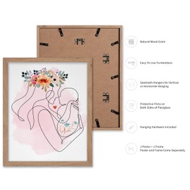 Poster Master Mother and Baby Poster - Family Print - Mother's Day Art - Line Art - Flower Art - Chic Boho Art - Floral Art - Aesthetic Art - Living Room or Bedroom Decor - 16x20 Beige Framed