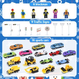 Cars Advent Calendar 2025, 24 Days Christmas Countdown Calendar with Alloy Racing Cars Truck Construction Cars Engineering Vehicles and Mini Figures Road Signs Traffic Lights, Christmas Gift for Kids Boys