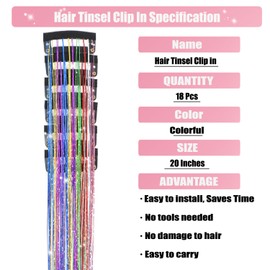 Aokomisu Hair Tinsel Pack of 18 Pcs Hair Tinsel Clip in 20 Inch Clip in Hair Tinsel Glitter Tinsel Hair Extensions Fairy Hair Tinsel Clips Hair Accessories for Girls Kids Women (Colorful-18 Pcs)