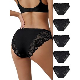 everjoys 5pack-BlackSexy Underwear Lace Panties for Women Bikini Underwear Hipster Underpants Lace Soft Breathe Briefs Multipack L Size