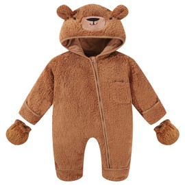 WISREMT Newborn Baby Snowsuit Bear Onesie Suit Boys Girls Fleece Jumpsuit with Mittens Winter Warm Hooded Rompers Clothes (Brown, 3-6 Months)