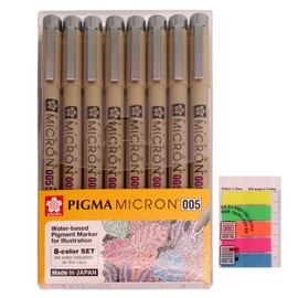 Sakura Pigma Micron Fineliners Pen High Light Soft Head Pen Manga Drawing- Assorted Color 8 Pens (005-Assort Color) -Include Index Tape