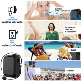 Voice Amplifier Wireless Speaker with Microphone Headset for Teachers Parkinsons Tour Guide Bluetooth Pa 18W Waterproof WB800 Black (Wireless_Black)