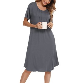 Vlazom Womens Nightdress Soft Pleated Nighties Modal Short Sleeve Nightshirts Nightgown Sleepwear with Pockets, Dark Grey, XL
