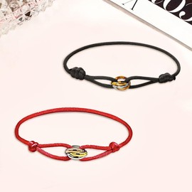 Azlanway Sailing Rope Women's Bracelet Tricolour Pack of 2 Couples Bracelet Cord Bracelet with Stainless Steel Ring in Silver, Gold & Rose Gold, Friendship Bracelets, Adjustable Wrist Bracelets (Black