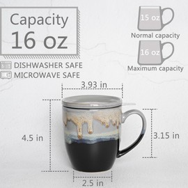 Bosmarlin Ceramic Tea Cup with Infuser and Lid, 16 Oz, 4 Color to Choose Dishwasher and Microwave Safe, Steeping Tea Mug with Strainer (Grey)