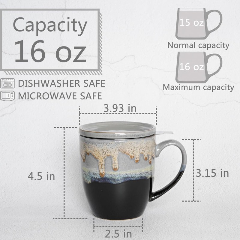 Bosmarlin Ceramic Tea Cup with Infuser and Lid, 16 Oz,