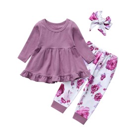 Toddler Infant Baby Girl Clothes Ruffle Solid Color Top Floral Long Pants Headband Outfit Clothing Set Purple 3-4T
