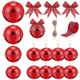 Zhengmy 12 Pack Large Size Christmas Star Cutout Bells Ornament Jumbo Vintage Rustic Metal Sleigh Bell with Plaid Ribbon Jute Twine for Christmas Tree Hanging Holiday Party Farmhouse(Red)