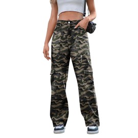 IVIR Camo Cargo Pants Women Adjustable Waist Wide Leg Pants with Pocket High Waisted Trousers Trendy 2024 Camo XL