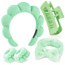 Zkptops 5Pcs Spa Headband for Washing Face Wristband Set Sponge Makeup Skincare Terry Cloth Bubble Soft Hairband Hair Claw Clips for Thick Hair Puffy Padded Headwear Non Slip Hair Accessory (Green)
