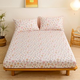 Mateju Single Fitted Sheets Floral Pattern, Soft Microfiber Bed Sheets with Deep Pocket 25 cm Breathable Fade Resistant Single Double King Size Bed (90x200x25cm,Pink)