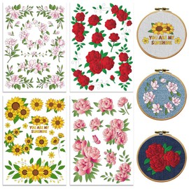 Peacoblue Water Soluble Embroidery Patterns with Color for Beginners, Various of Flowers 4 Sheets with 46pcs Wash Away Embroidery Pattern Stabilizer for Hand Sewing Women Adults