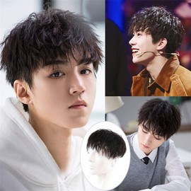 Remeehi Men's Wig, Hair Piece, Curl, 100% Human Hair, Short Hair, One Touch Extension, Hidden Gray Hair, Natural, Lightweight, Fluffy, Breathable, Point Wig, Machine Planted, Top Cover, Forehead Cover, Gentle, Cool Men, Natural Black