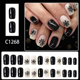 Christmas Press on Nails Medium Square Fake Nails with Black Snowflake Design Silver Glitter Nails Press ons Glossy Full Cover Black Glue on Nails Winter Xmas Holiday Nail for Women 24Pcs