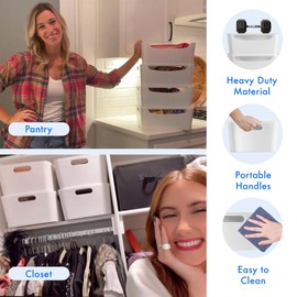 White Plastic Storage Bins for Pantry, 2 Pcs White Plastic Organizer Bins with Lids, Refrigerator Organizer Bins Stackable, Storage Containers Organizing for Shelves, Basket Storage Bins for Toys