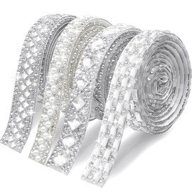 4 Rolls Self-Adhesive Rhinestone Ribbon, Bling Crystal Diamond Strips for DIY Crafts, Fabric, Clothing, Phone Decoration, Glitter Silver Gemstone Tape (4 Styles)