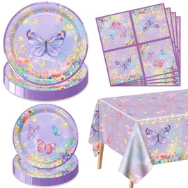 61 Pieces Butterfly Birthday Decorations - Purple Butterfly Party Decorations Butterfly Plates, Napkins and Flower Butterfly Tablecloth for Fairy Butterfly Birthday Party Supplies, Serve 20