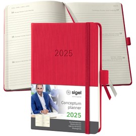 SIGEL C2565 Weekly Planner 2025, Approx. A6, Red, Hardcover, 176 Pages, Elastic Band, Pen Loop, Archive Pocket, Made from Sustainable Paper, Conceptum
