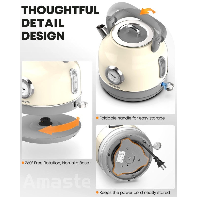 Amaste Electric Kettle, Retro Electric Tea Kettle With Thermometer, 57