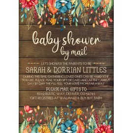 Gender Neutral Rustic Wildflower Baby Shower By Mail Invitations, Virtual Baby Shower Invitation Card Sets With Matching Return Address Labels, Far Away Baby Shower Invitations