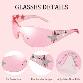 Ehoomely Y2K Sunglasses for Women Men Trendy Shield Wrap Around Sun Glasses Rimless Star Sunglasses Oversized Glasses Shades (Pink)
