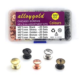 Alloygold 100 Sets Chicago Screw Kit 5 Color Leather Rivets Screw Rivets Chicago Screw Buttons DIY Leather Trim Black Silver Gold Copper Rose Gold （M5*5）…