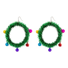 RareLove Green Christmas Wreath Earrings with Colorful Green Red Jingle Bells Dangling Hoop Earrings for Women Holiday Jewelry Alloy Plated