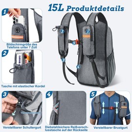 BECOJADDE 15L Hiking Backpack Men's Small Backpack Women's Lightweight Daypack Daypack Foldable Trekking Backpack for Camping Outdoor Hiking Travel, Grey