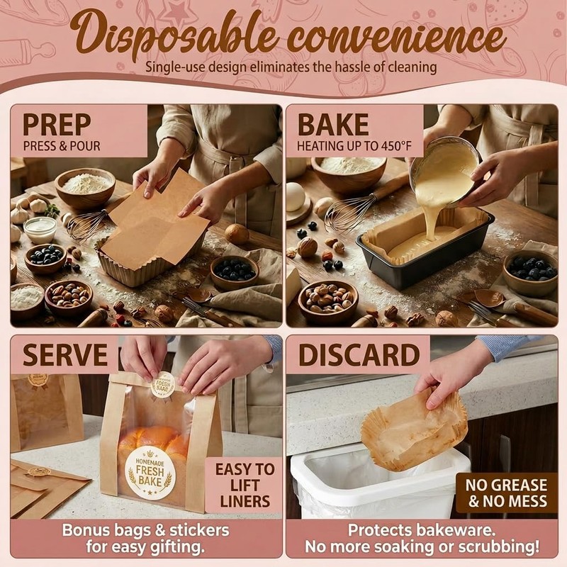 100 Pcs Unbleached Loaf Pan Liners with Bonus 10 Bakery