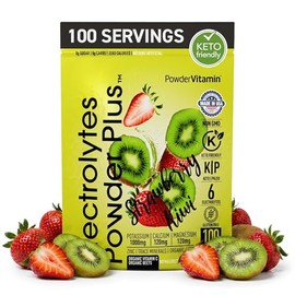 PowderVitamin- Electrolitos en Polvo Plus (100 Porciones) Fresa Kiwi Electrolito Polvo Cero Calorías Ceto,0 Azúcar, Sin Maltodextrina,1000mg de Potasi
