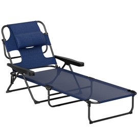 Outsunny Tanning Chaise Lounge Chair, 4-Position Beach Chair with Face & Arm Holes, Pillow headrest, Adjustable Sunbathing Chair, Navy Blue