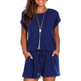 Mokayee Womens Summer Navy Blue Crew Neck Short Sleeve Casual Front Tie Rompers with Pockets Ladies Cute Beach Short Pants Jumpsuits L