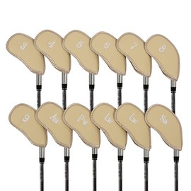 Golf Iron Head Cover Set of 12 Pieces, Thick Synthetic Leather Golf Covers Fits All Brands (Beige)