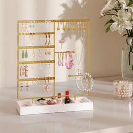 X-cosrack Earring Holder,5-Tier Ear Stud Holder with Wooden Tray,Jewelry Organizer Holder for Earrings Necklaces Bracelets Watches and Rings,Earring Display Stand with 132 Holes