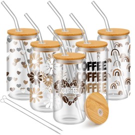 Tanlade 6 Set Glass Cups with Lids and Straws 15 oz Can Beer Glass Cup Iced Coffee Cups Boho Cute Glass Tumbler Drinking Glasses with Lids and Straws Set for Soda Cocktail, 2 Cleaning Brushes