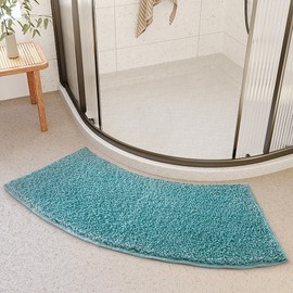 Bath Mat, Round Shower, 40 x 100 cm, Microfibre Shower Mat, Semicircular, Shaggy Shower Mat, Quarter Circle Non-Slip High Pile Curved Shower Mat, Washable Bath Mat for Corner Shower (Blue)